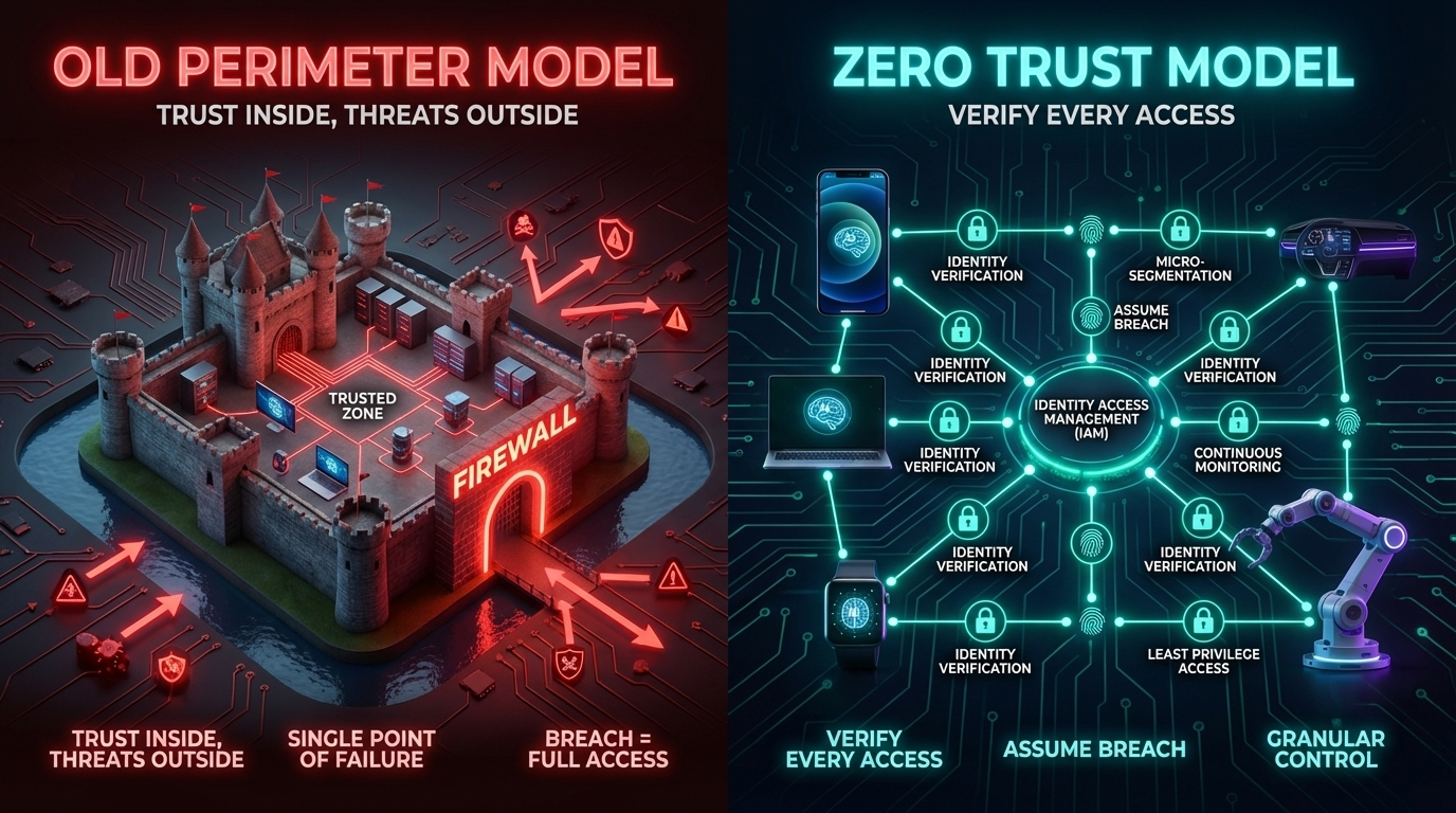 Architecture diagram: Zero Trust vs perimeter model — identity verification at each service boundary