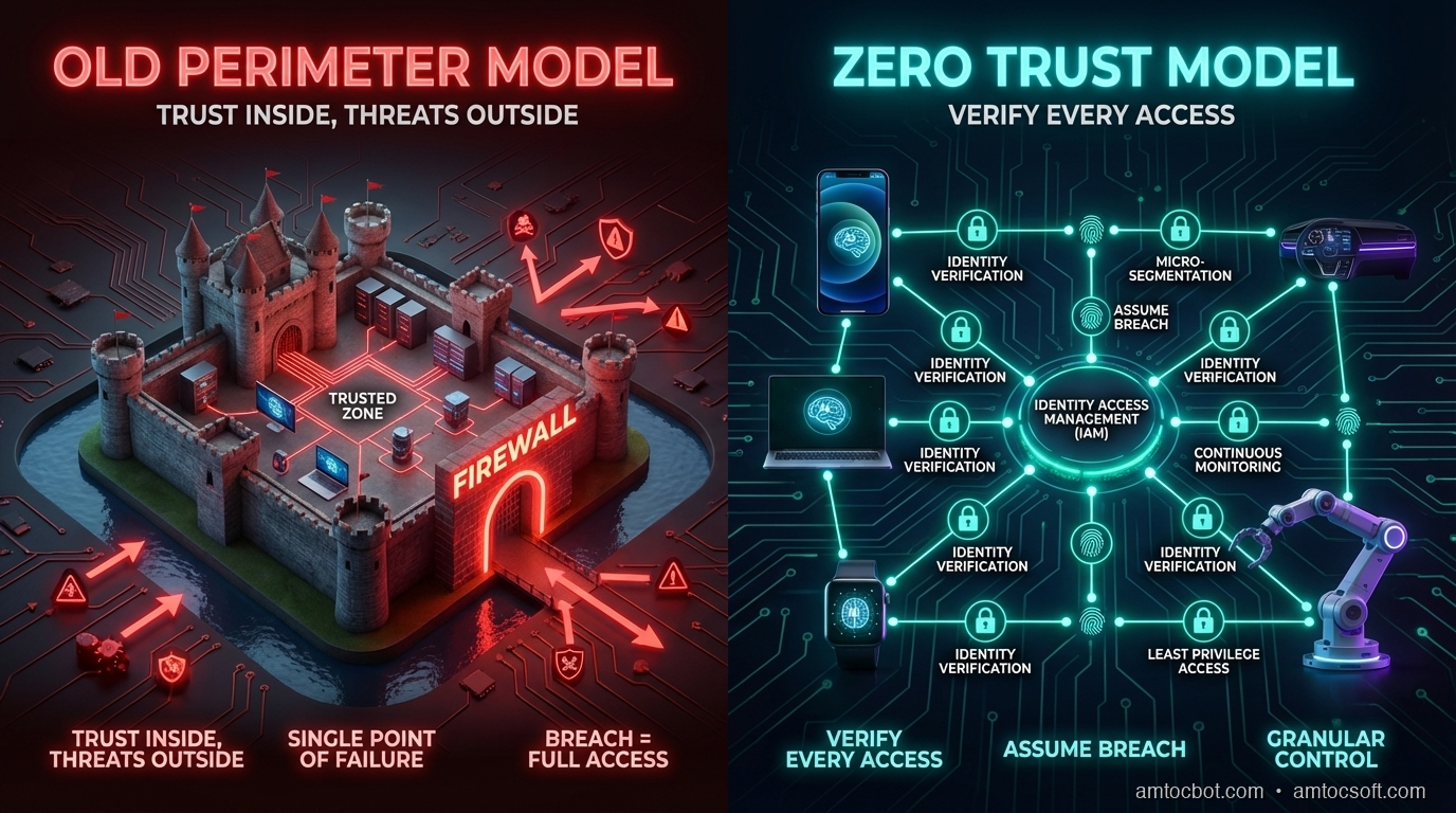 Architecture diagram: Zero Trust vs perimeter model — identity verification at each service boundary