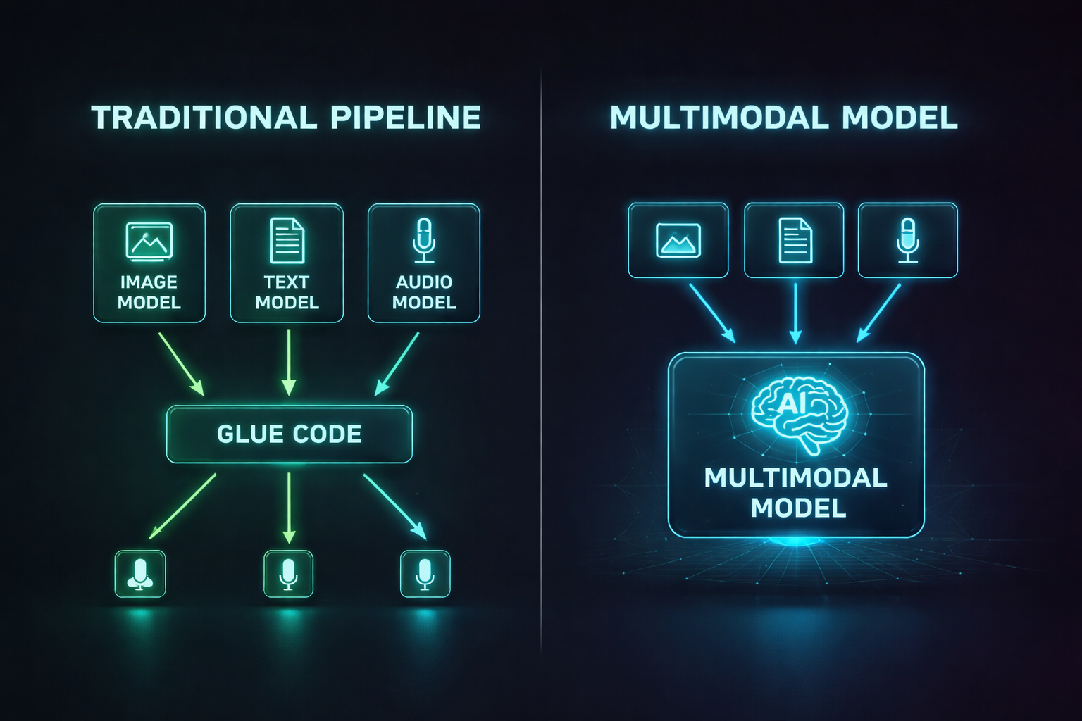 Architecture diagram: traditional pipeline vs multimodal approach