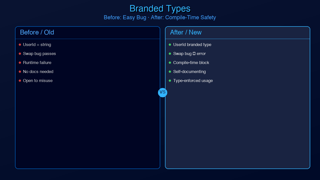 Comparison: Branded types vs plain strings — before showing easy argument swap bug, after showing compile-time prevention