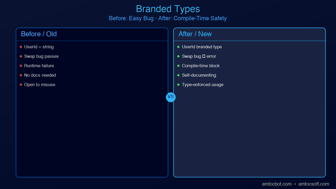 Comparison: Branded types vs plain strings — before showing easy argument swap bug, after showing compile-time prevention