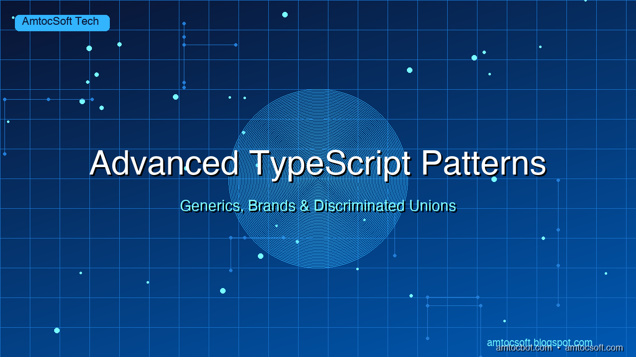 Hero: Advanced TypeScript patterns concept art — glowing type annotations and generics floating over a dark code editor background
