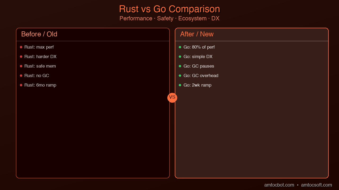 Comparison radar chart: Rust vs Go across six dimensions — raw performance, developer velocity, memory safety, ecosystem maturity, learning curve, and WebAssembly support