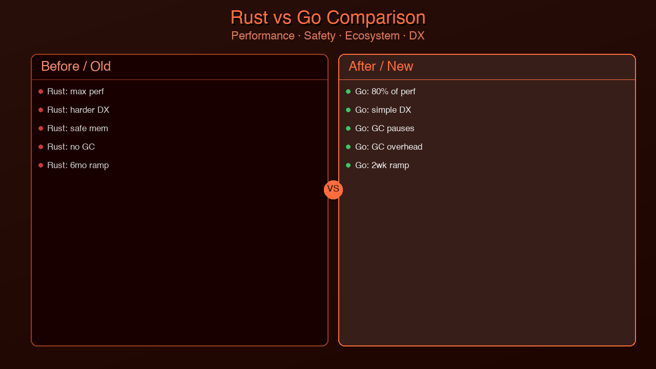 Comparison radar chart: Rust vs Go across six dimensions — raw performance, developer velocity, memory safety, ecosystem maturity, learning curve, and WebAssembly support