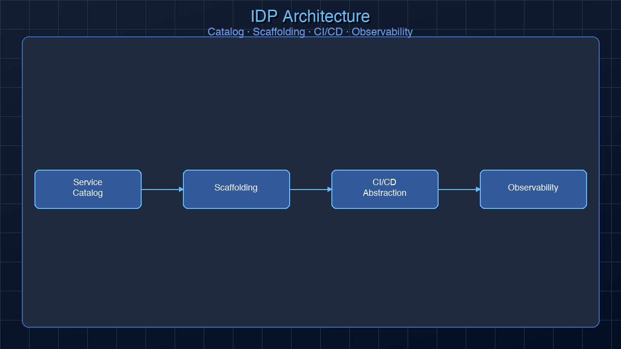 IDP architecture diagram showing service catalog, scaffolding, CI/CD abstraction, and observability layers