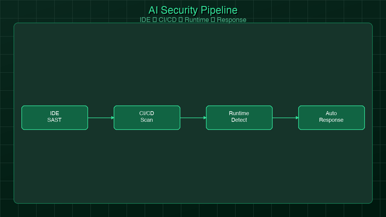 Security pipeline diagram — AI-augmented defense from IDE to production runtime