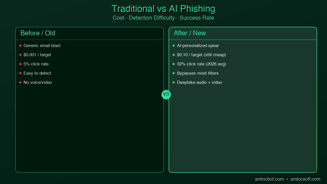 Comparison: Traditional phishing vs AI-personalized deepfake attacks — side by side showing detection difficulty, cost to attacker, and success rate