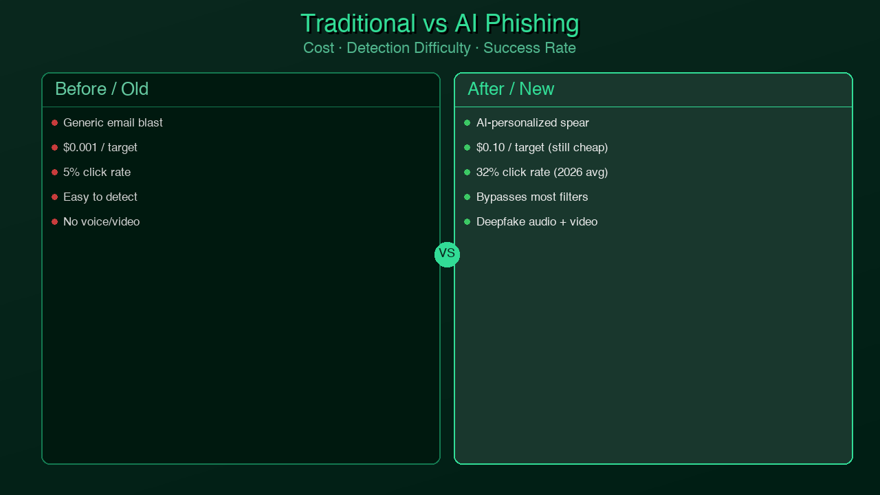 Comparison: Traditional phishing vs AI-personalized deepfake attacks — side by side showing detection difficulty, cost to attacker, and success rate