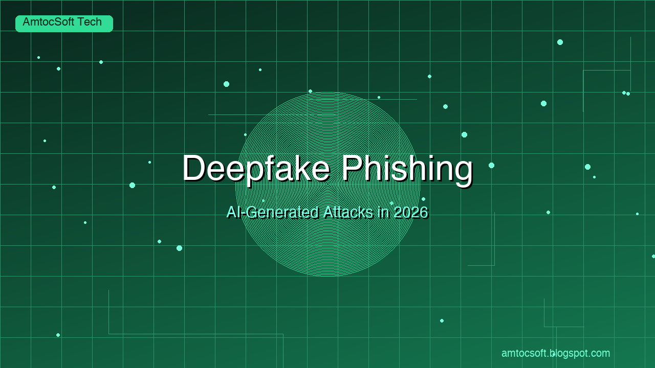 Hero image: A split-screen showing a realistic video call on one side and a glitch-revealed AI face on the other, with red alert overlays and a corporate office background