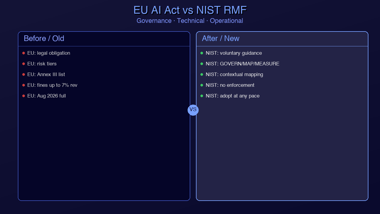 EU AI Act vs NIST AI RMF — overlap areas and distinct requirements across governance, technical, and operational dimensions