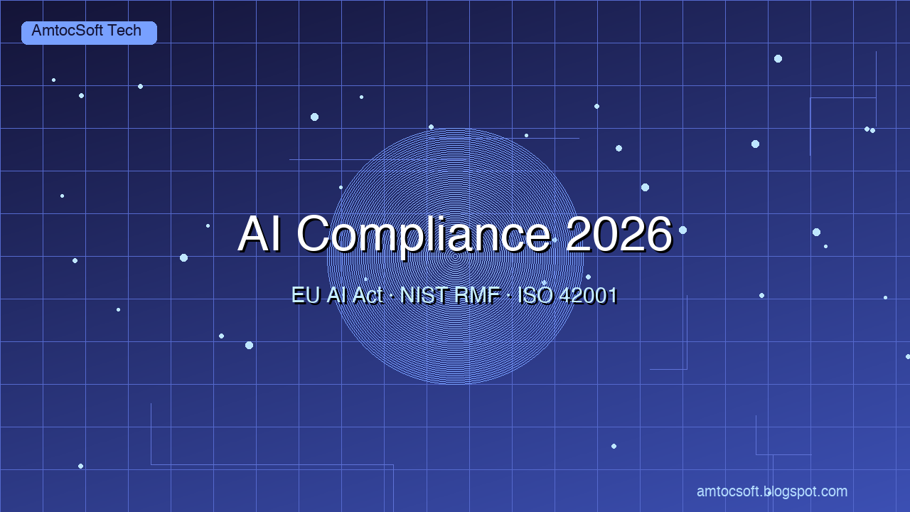 Hero image: regulatory compliance framework for AI systems — developer at workstation surrounded by audit documentation and compliance dashboards