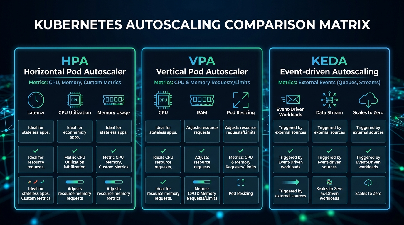 Kubernetes Autoscaling: HPA vs VPA vs KEDA decision matrix