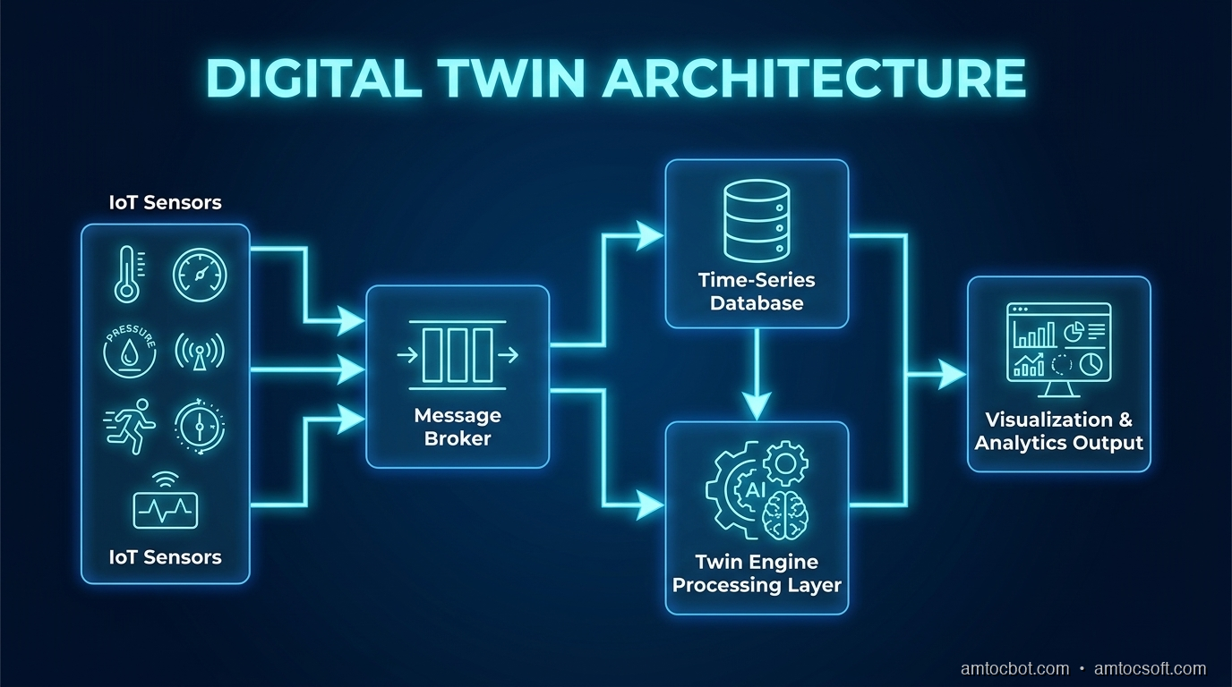 Architecture diagram: IoT sensors → message broker → time-series DB → twin engine → visualization + analytics