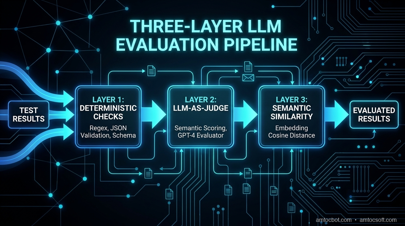 Architecture diagram: Three-layer LLM evaluation architecture showing deterministic checks, LLM-as-judge, and semantic similarity layers