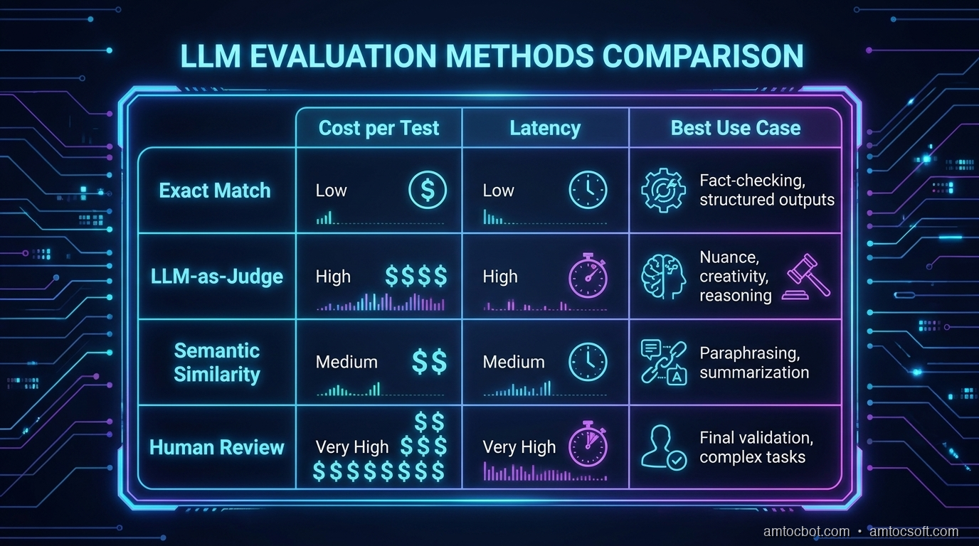 Comparison table showing eval approaches with cost, latency, and best-use-case columns