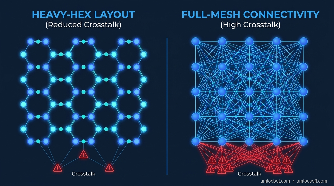 Architecture diagram: IBM heavy-hex qubit layout vs full-mesh connectivity, showing crosstalk reduction