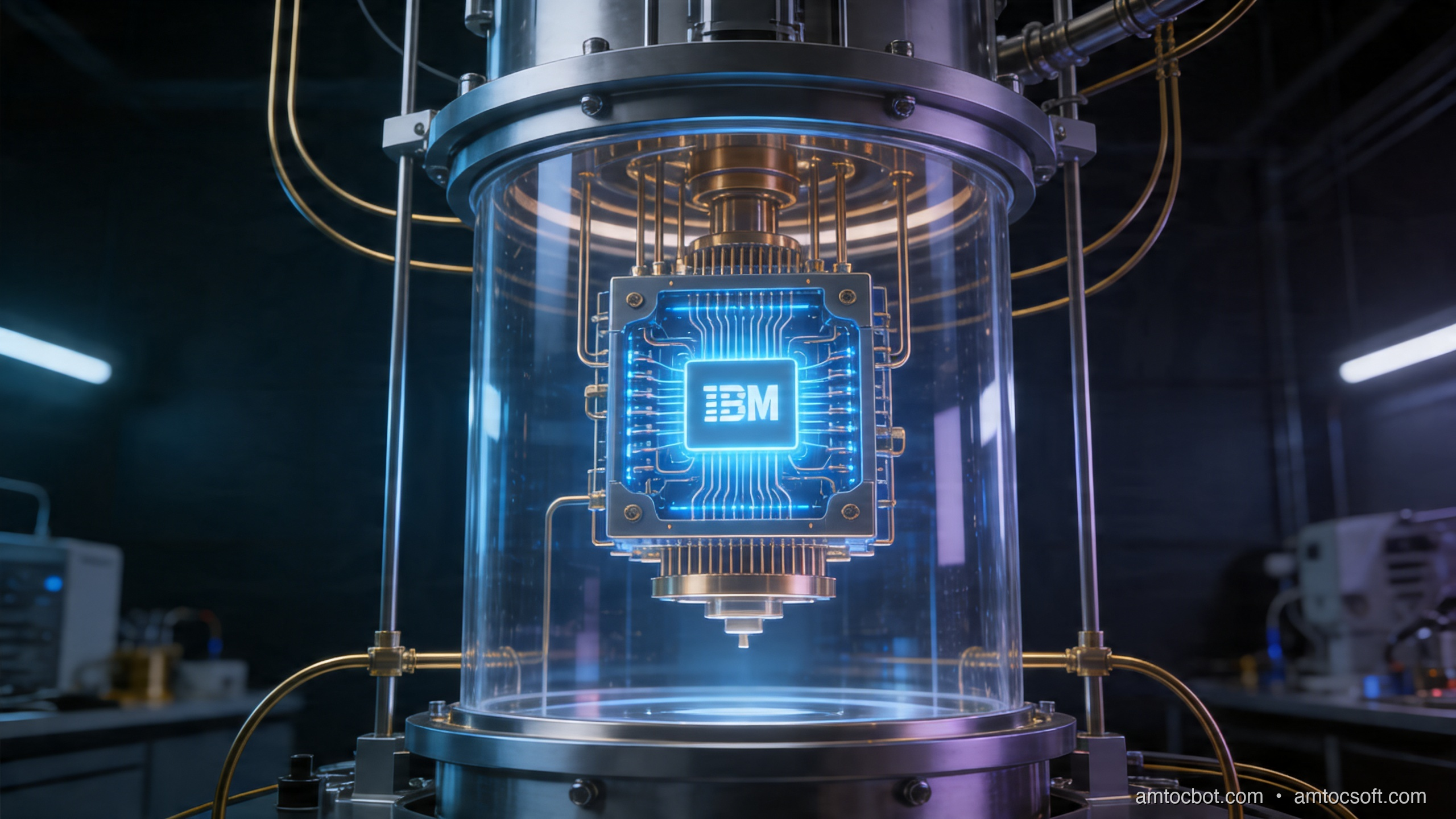 Hero image: quantum processor suspended in a cryogenic dilution refrigerator, glowing blue circuits, professional lab setting