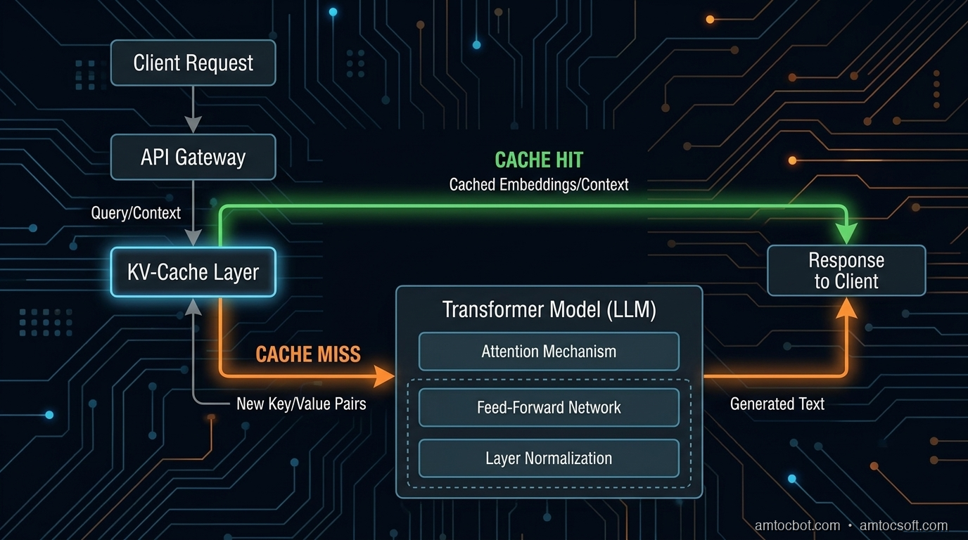 Architecture diagram: request flow showing the KV-cache layer sitting between the API gateway and the model, with cache hits bypassing full computation