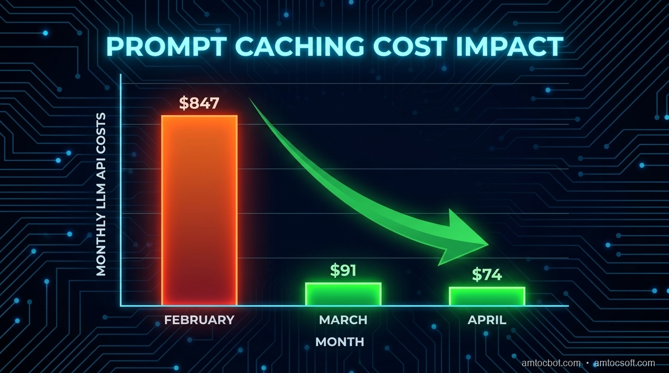 Comparison chart: monthly LLM costs Feb to Apr 2026, bar chart showing $847 to $91 to $74 despite increasing sessions and questions per session
