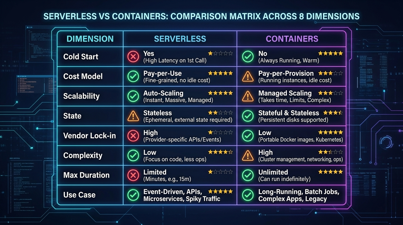 Comparison matrix: Serverless vs Containers across 8 key dimensions