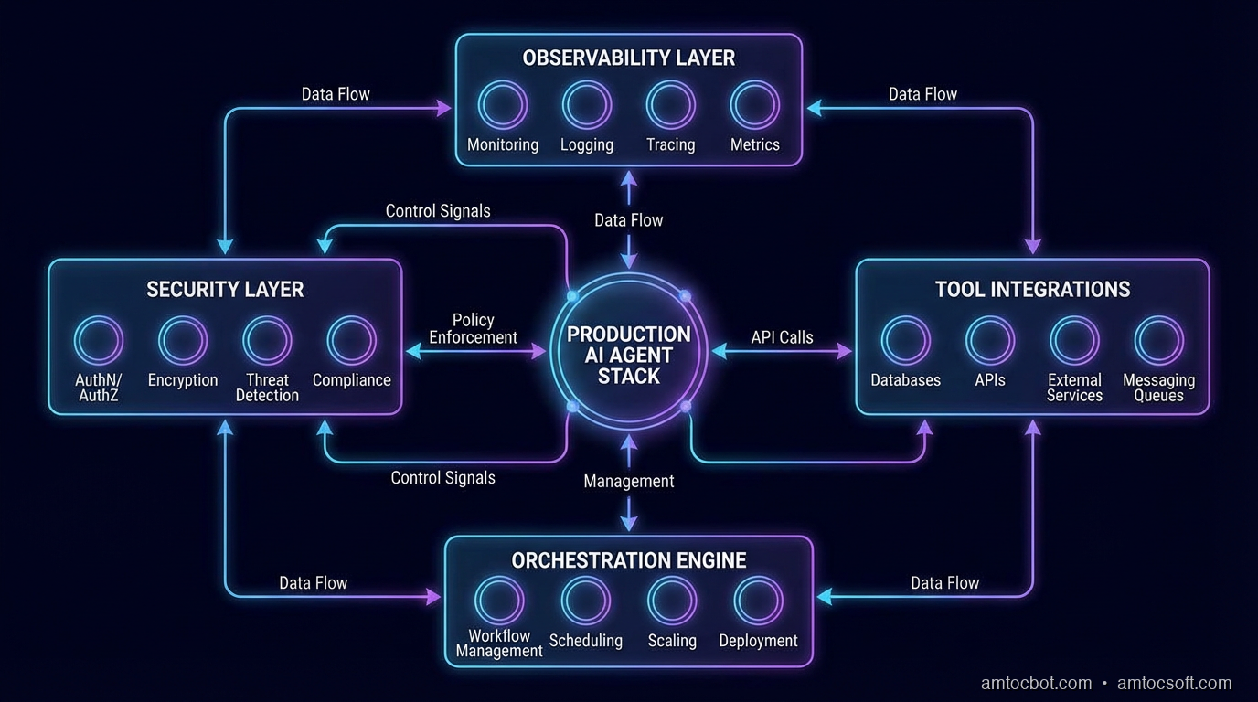 Architecture diagram: Production AI agent system with reliability, observability, and security layers