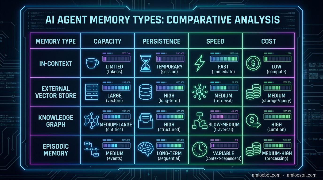 Comparison chart: Three memory implementation tiers showing complexity vs capability tradeoffs