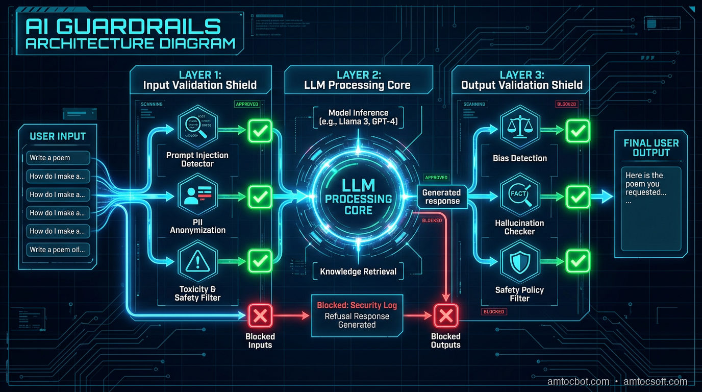 AI guardrails architecture: layered safety checks around an LLM agent pipeline