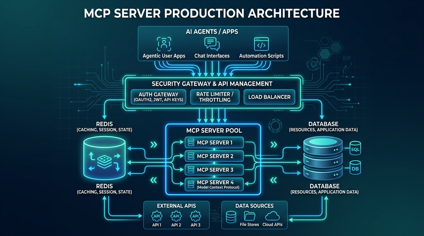 MCP server production architecture: AI agents, security gateway, MCP server pool, Redis, and databases