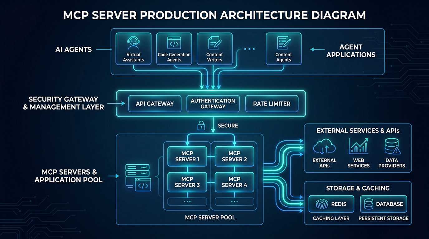 MCP enterprise architecture with API gateway, authentication, rate limiter, and server pool
