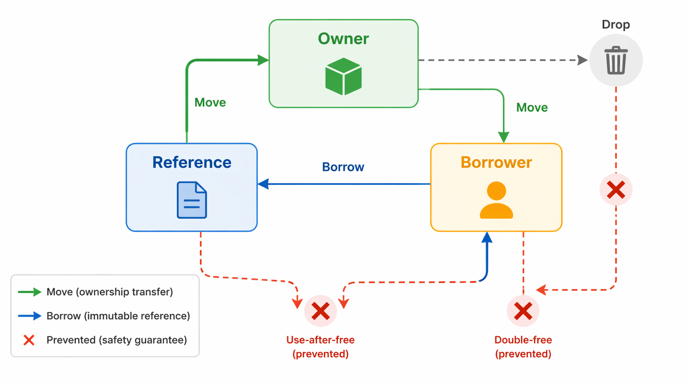 Rust ownership model — data flow showing ownership transfer and borrow checker guarantees