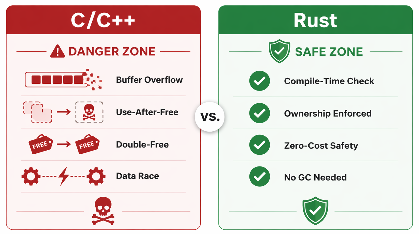 C/C++ vs Rust — memory safety comparison: danger zone vs safe zone