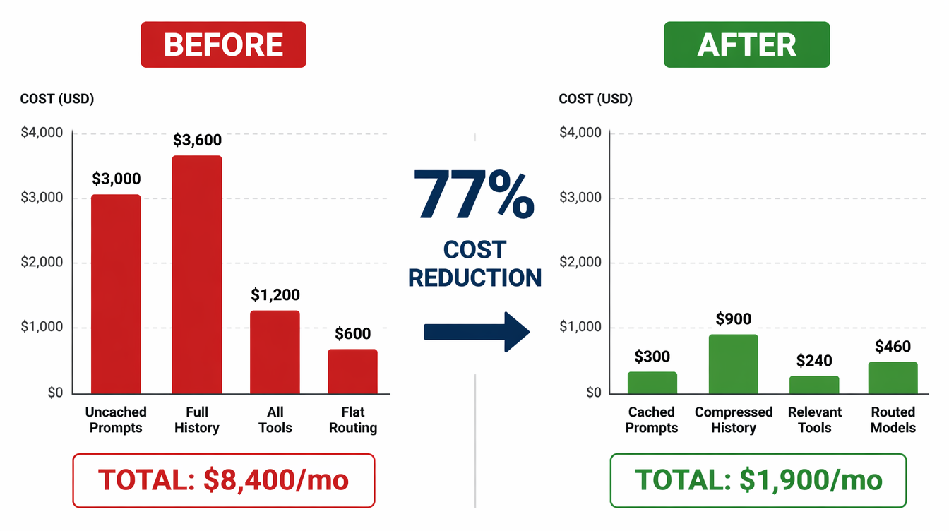 LLM API cost benchmarks — before and after optimization breakdown by category