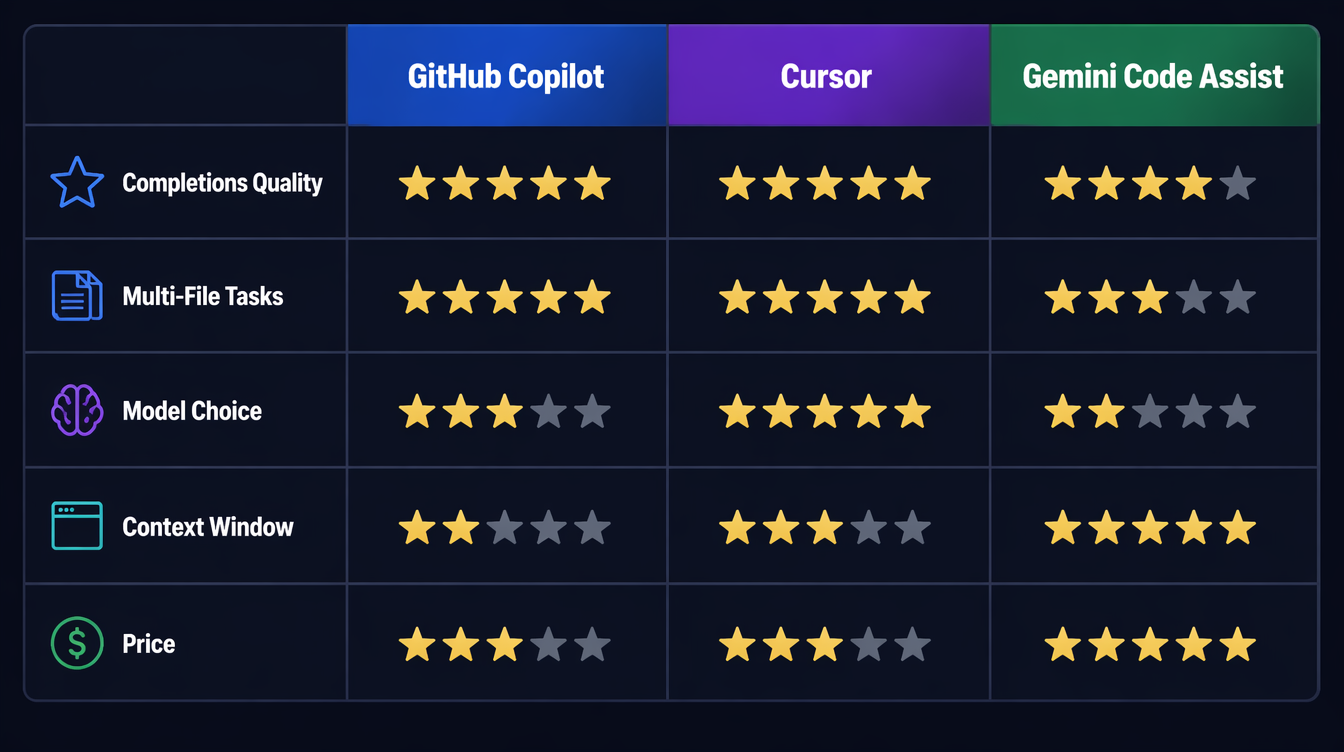Comparison table: Copilot vs Cursor vs Gemini across key dimensions