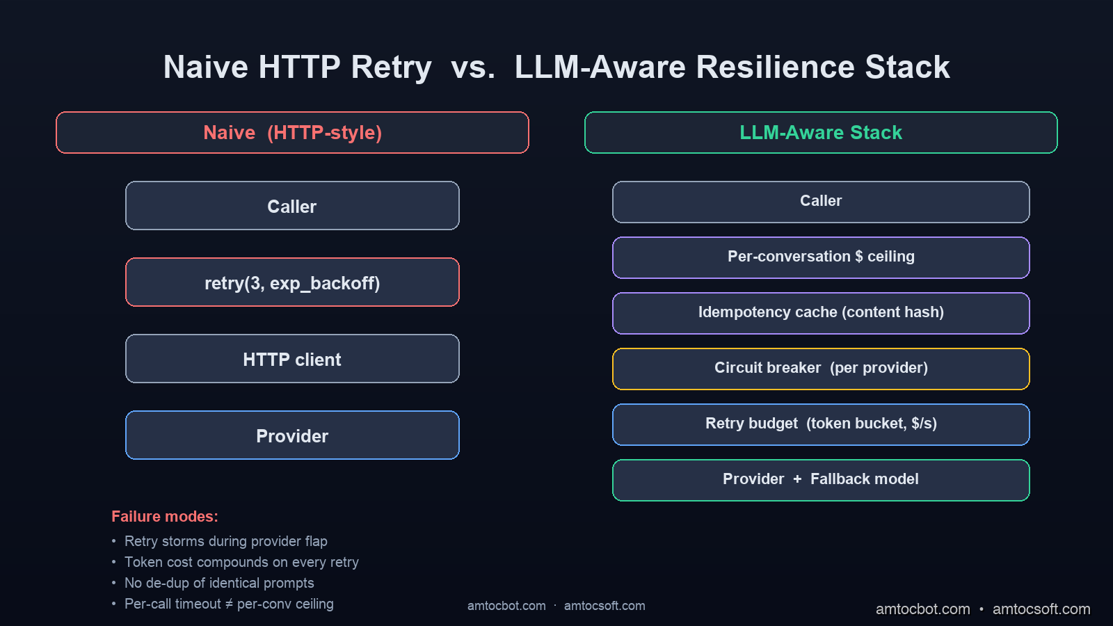 Architecture diagram comparing a naive HTTP retry layer to an LLM-aware retry layer with cost budget, idempotency cache, and circuit breaker components arranged in a flow