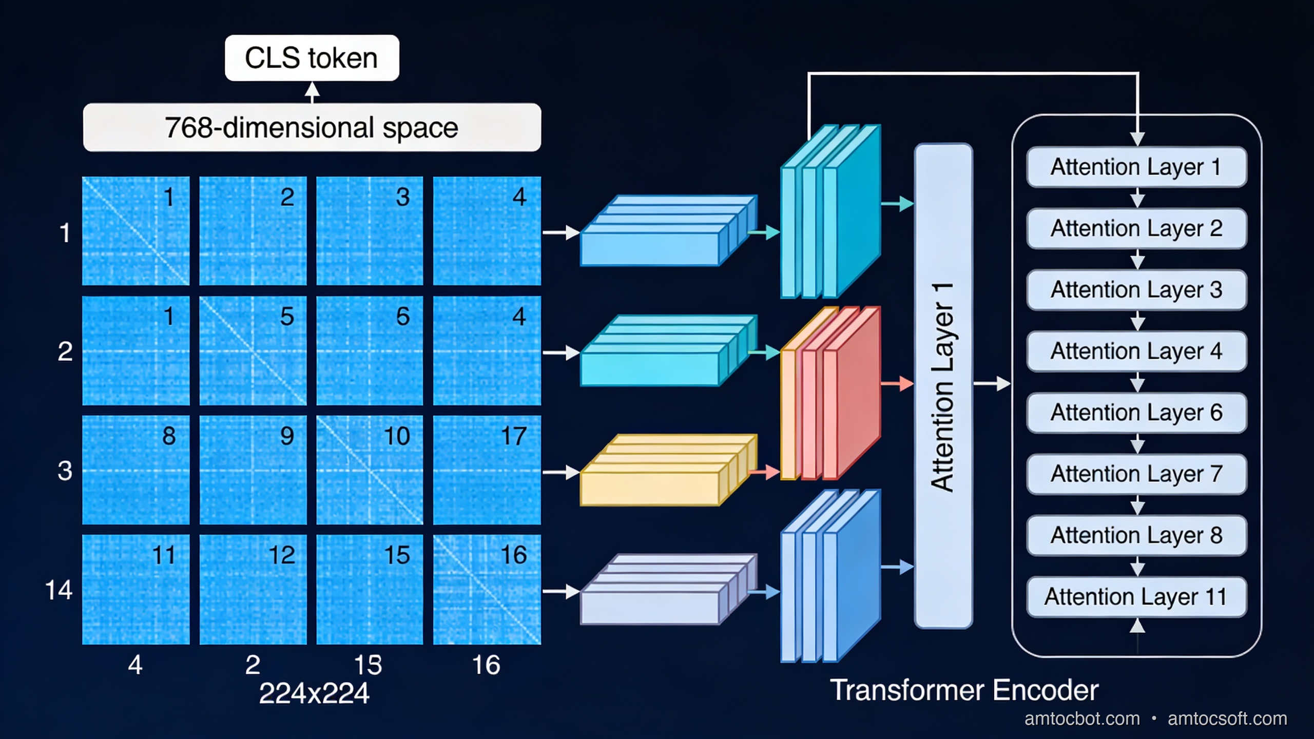 ViT patch embedding process — image divided into patches, flattened, projected, positional embeddings added, fed into transformer