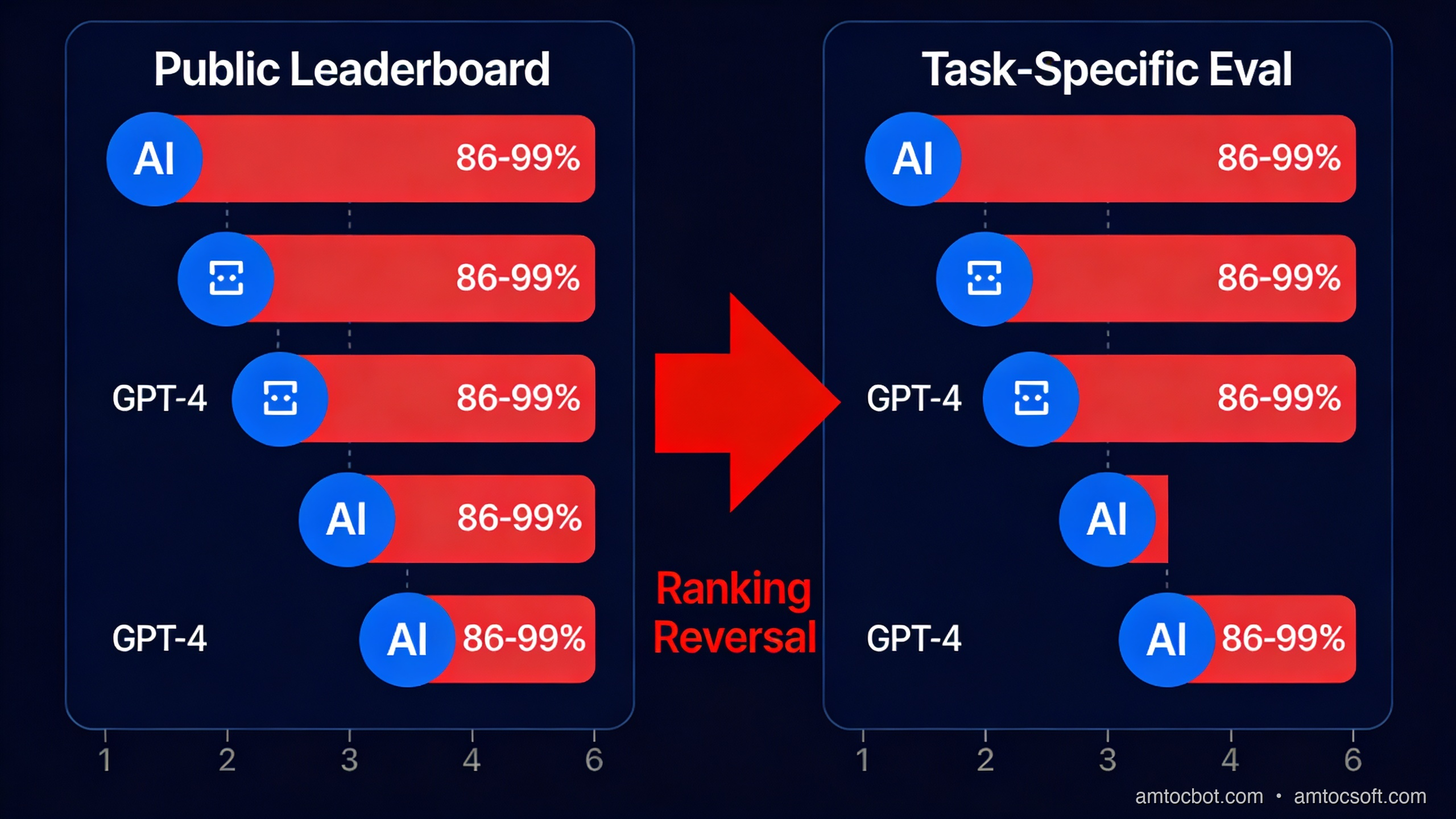 Side-by-side comparison: standard benchmark leaderboard vs. task-specific eval results for the same five models — rankings differ significantly