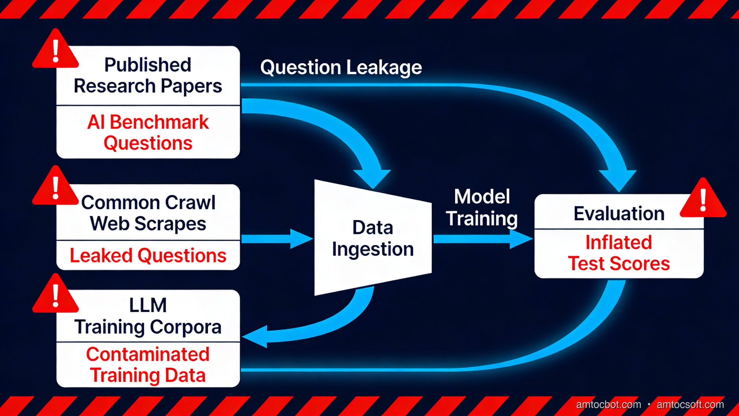 Contamination flow diagram: training data → Common Crawl scrape → benchmark questions appear in training set → model scores inflate