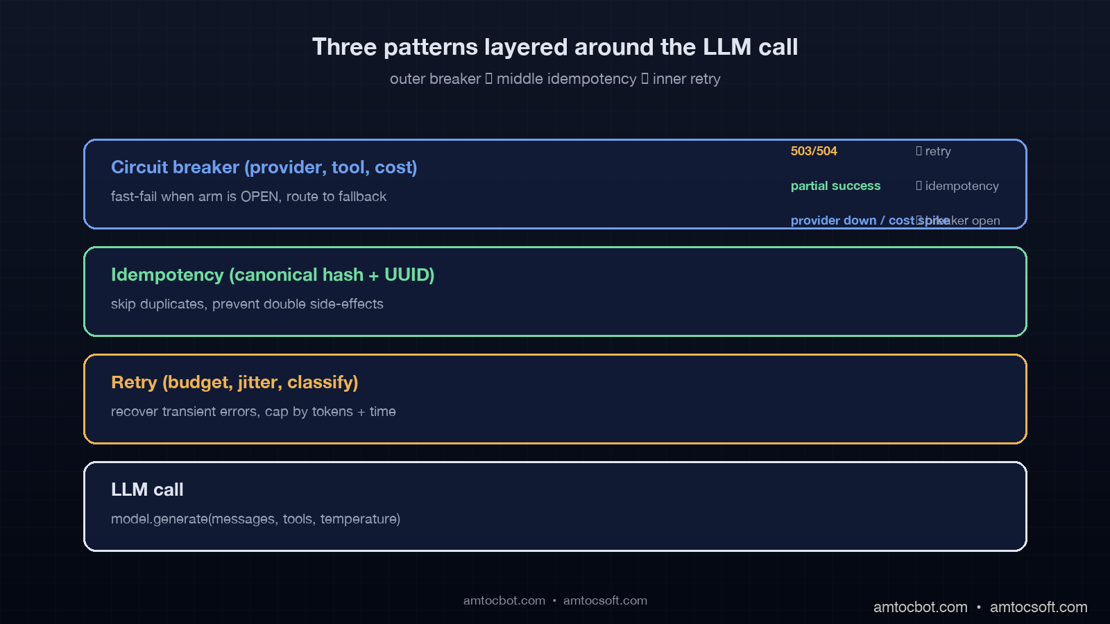 Architecture diagram showing the three patterns layered around an LLM call, with retry as innermost ring, idempotency as middle layer, and circuit breaker as outermost gate, plus failure-routing arrows showing how each error class is handled, dark slate aesthetic