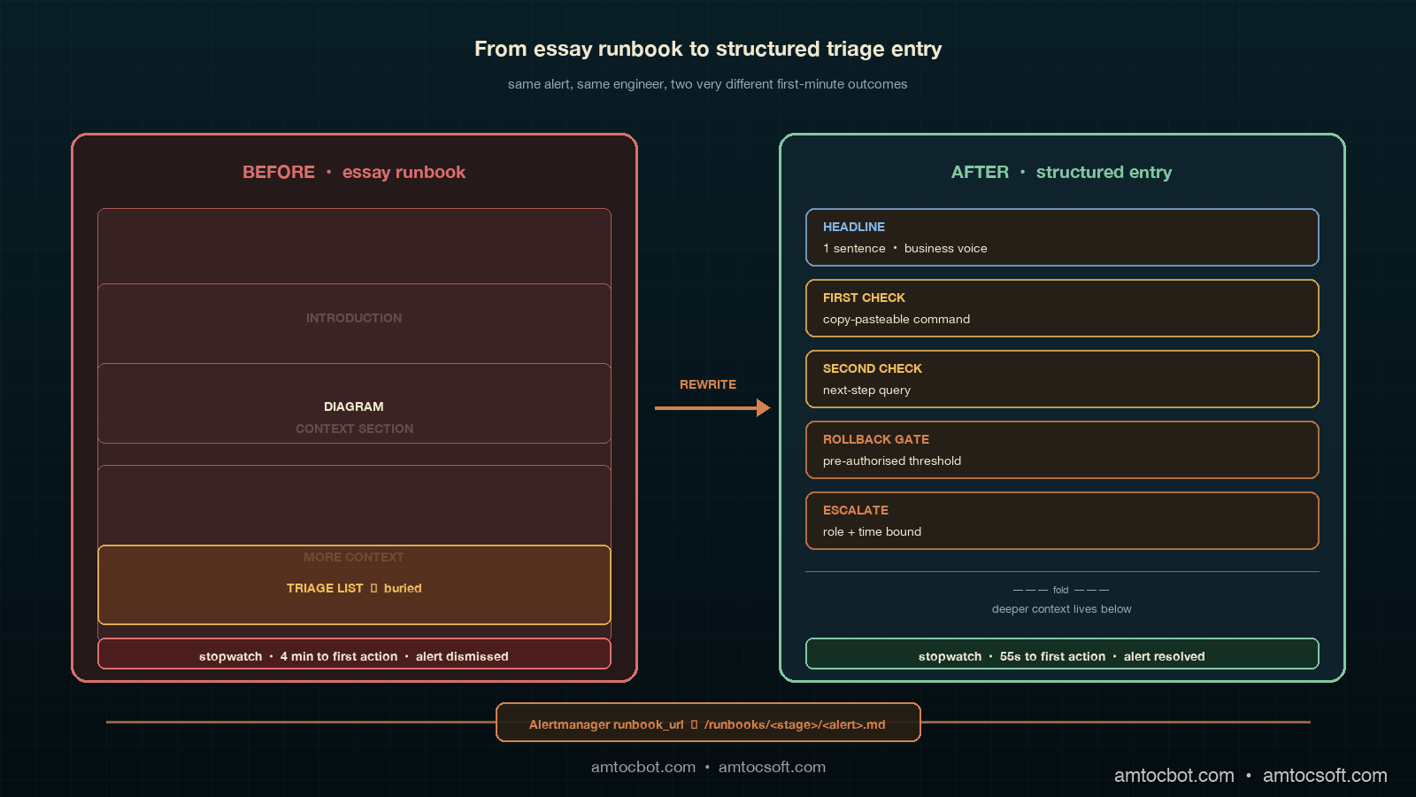Architecture diagram showing the runbook structure split: on the left, a stylised long-form essay runbook with a lengthy introduction, two diagrams, a context section, and a triage list buried at the bottom, marked in muted ruby with a stopwatch hitting 240 seconds and a frustrated on-call icon; on the right, the structured ADLC runbook layout with a single fixed-format card for HEADLINE, FIRST CHECK, SECOND CHECK, ROLLBACK GATE, ESCALATE, color-coded copper dividers and ivory body text, a stopwatch hitting 55 seconds and a sage check mark, with a copper telemetry spine showing how the alert annotation links straight to the structured entry