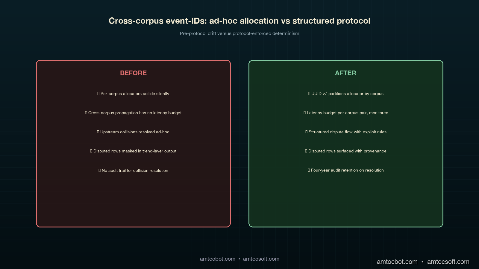 Comparison image showing the pre-protocol cross-corpus event-id state on the left (each corpus mints its own event-id from its local sequence generator, no shared canonicality, semantic collisions detected only at nightly reconciliation pass with a hand-coded ten-line script that reports zero byte-for-byte collisions and misses the semantic ones) versus the post-protocol cross-corpus event-id state on the right (single shared allocator, claim-and-reference split, registration-timestamp tiebreaker, propagation-latency budget with pending / clean / disputed / tombstoned reconciliation-state values, four-state dispute-resolution automaton, audit table with four-year retention), with the four reconciliation-state pill values highlighted in copper on the right side and the protocol's four moving parts highlighted in orchid as numbered callouts, all rendered in the deep-teal copper ivory orchid sage cluster palette