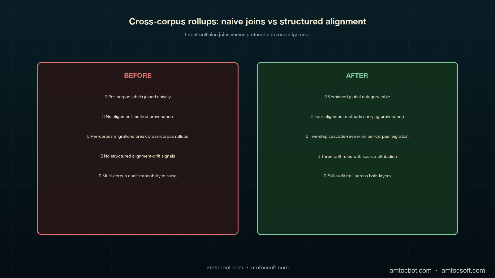 Comparison image showing the pre-protocol implicit-join state on the left side rendered as four corpus taxonomy stacks with dotted ad-hoc lines joining them by embedding similarity to a faint global taxonomy core, fragile and irreproducible, versus the post-protocol explicit-alignment state on the right side rendered as the same four corpus taxonomy stacks now connected to a solid global taxonomy core via labelled alignment ribbons in orchid with confidence scores and platform-authorisation tags, with cascade-trigger arrows in sage flowing from per-corpus migration audit rows into the alignment review queue at the bottom, and three drift-detection signal regions highlighted across the alignment ribbons (confidence-decay, embedding-divergence, cascade-from-migration), all rendered in the deep teal copper ivory orchid sage cluster palette