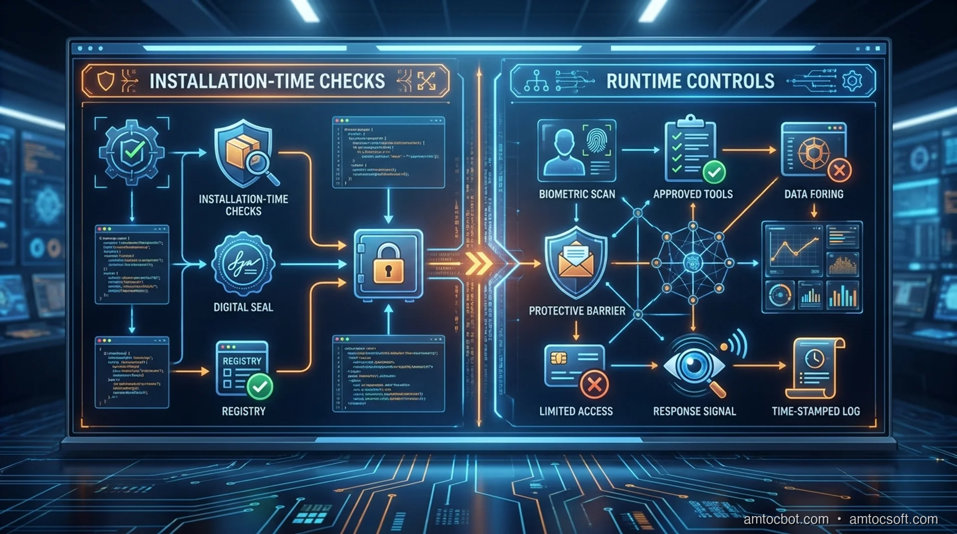 Comparison visual showing installation-time MCP checks beside runtime governance controls