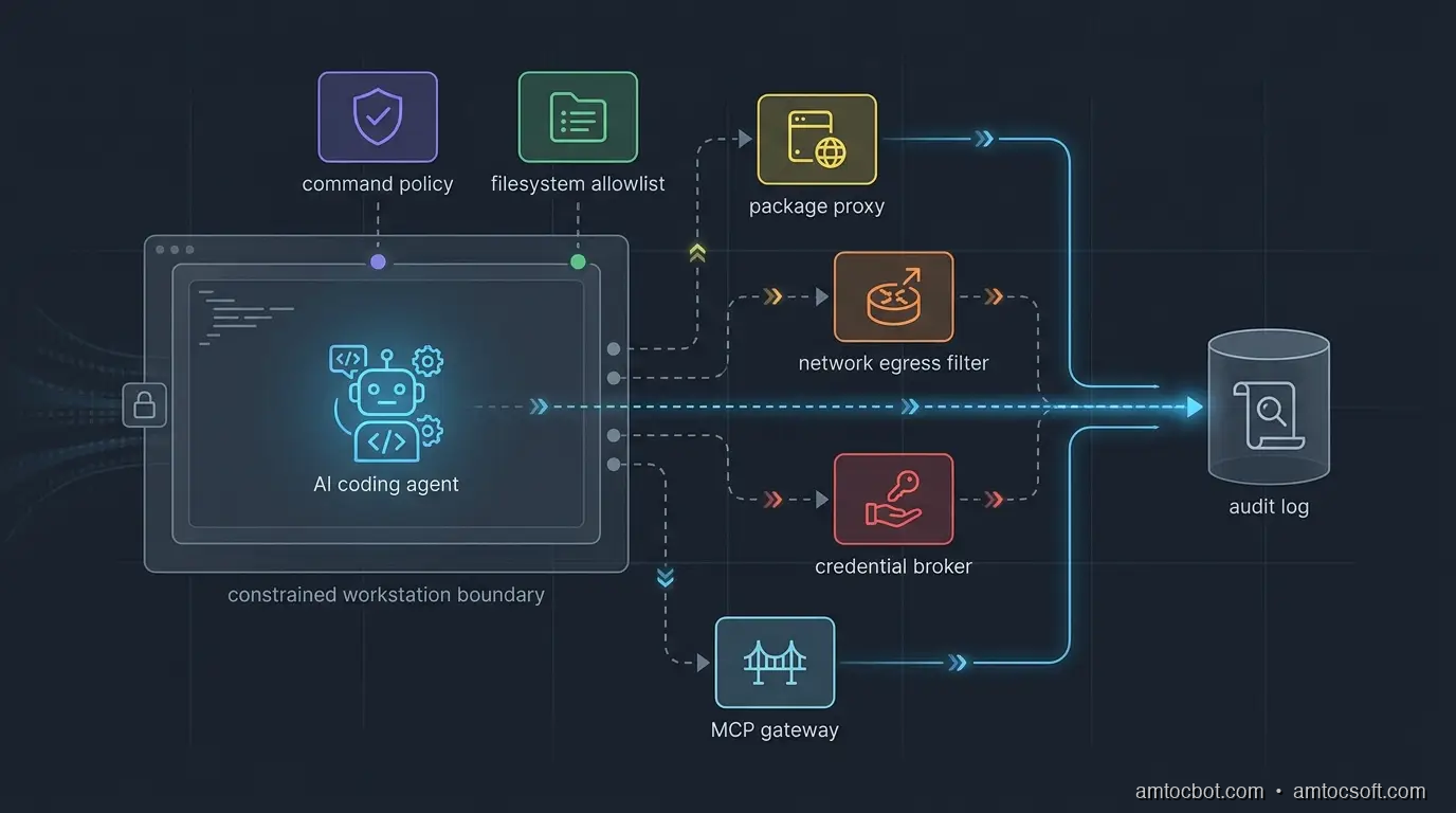 Architecture diagram showing a coding agent running inside a constrained workstation boundary with package, network, credential, and MCP policy gates