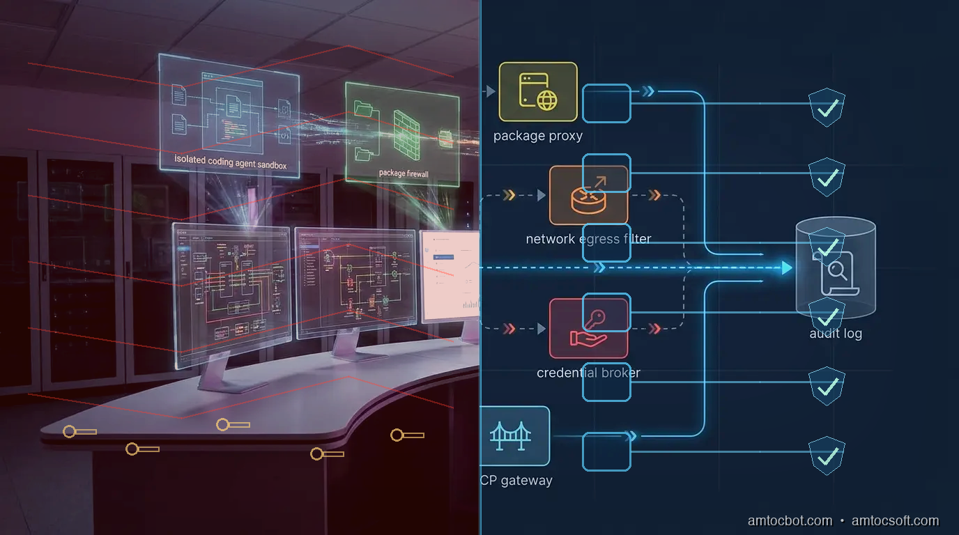 Comparison visual showing an unbounded coding agent workstation beside a governed workstation with identity, package, network, credential, and audit controls