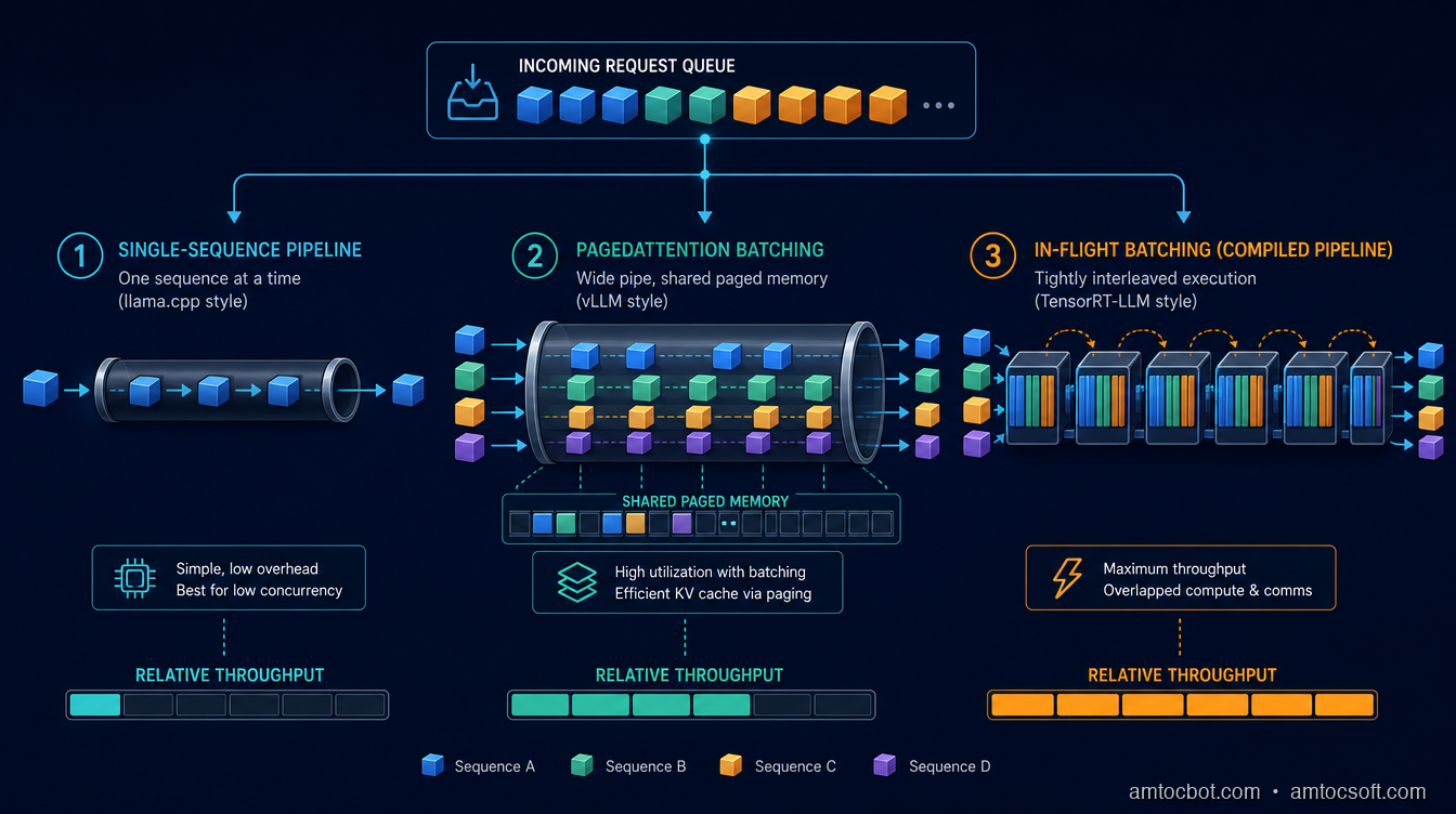 A layered architecture diagram showing a request queue hitting three different serving backends side by side: llama.cpp processing one sequence at a time, vLLM's PagedAttention batching multiple sequences into shared memory pages, and TensorRT-LLM's in-flight batching pipeline, with throughput bars beneath each