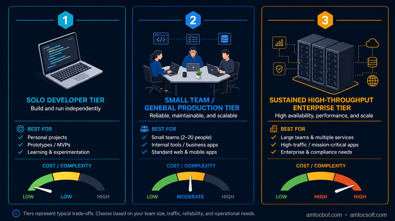A three-tier decision chart mapping concurrency level to serving choice: single developer to Ollama/llama.cpp, small team or general production API to vLLM or SGLang, and sustained high-throughput NVIDIA deployments to TensorRT-LLM, each tier labeled with its real operational cost